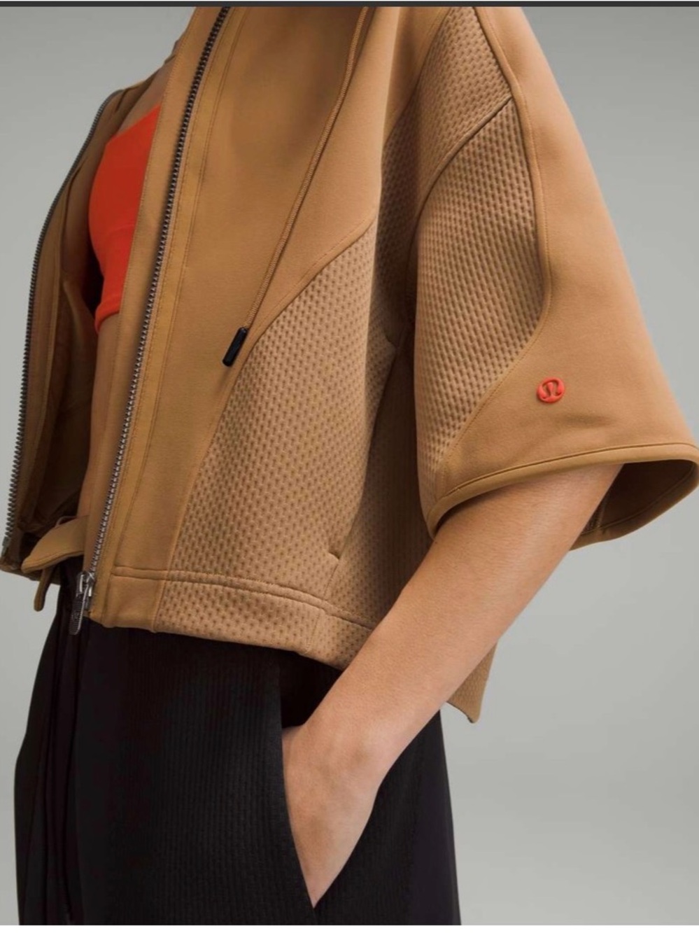 lululemon athletica Tan Cropped Bomber Jacket with Orange Accent